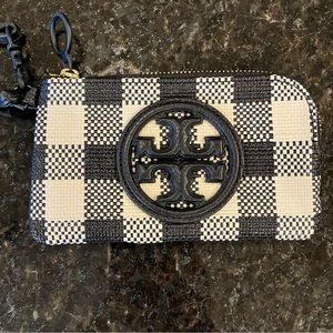 New Tory Burch Perry Bombe Gingham Top-Zip Card Case, Leather Wristlet, Black